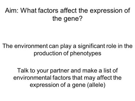 Aim: What factors affect the expression of the gene? The environment can play a significant role in the production of phenotypes Talk to your partner and.