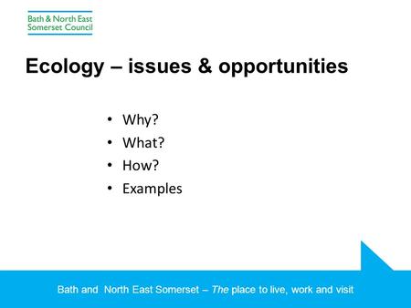 Bath and North East Somerset – The place to live, work and visit Ecology – issues & opportunities Why? What? How? Examples.