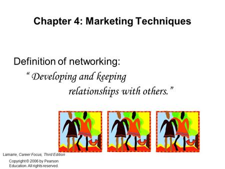 Chapter 4: Marketing Techniques Definition of networking: “ Developing and keeping relationships with others.” Lamarre, Career Focus, Third Edition Copyright.