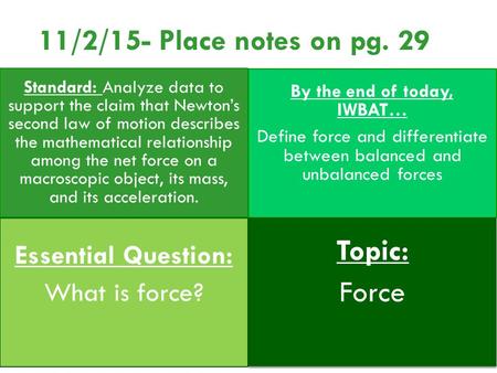 Standard: Analyze data to support the claim that Newton’s second law of motion describes the mathematical relationship among the net force on a macroscopic.