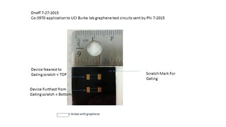 = Areas with graphene Scratch Mark For Gating Device Nearest to Gating scratch = TOP Device Furthest from Gating scratch = Bottom Dneff 7-27-2015 Co-3970.