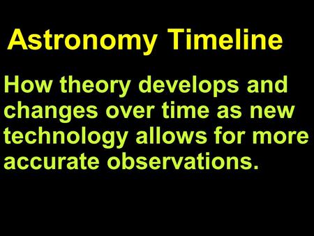 Astronomy Timeline How theory develops and changes over time as new technology allows for more accurate observations.