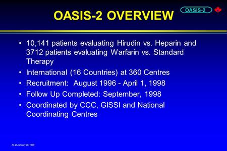 OASIS-2 OASIS-2 OVERVIEW 10,141 patients evaluating Hirudin vs. Heparin and 3712 patients evaluating Warfarin vs. Standard Therapy International (16 Countries)