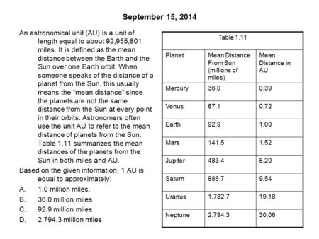 September 15, 2014 An astronomical unit (AU) is a unit of length equal to about 92,955,801 miles. It is defined as the mean distance between the Earth.