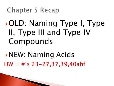  OLD: Naming Type I, Type II, Type III and Type IV Compounds  NEW: Naming Acids.