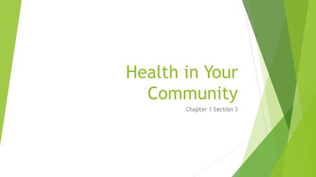 Health in Your Community Chapter 1 Section 3. Public Health  Practice of protecting and improving the health of people in a community.