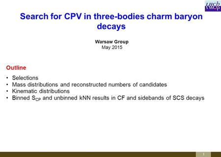 1 Warsaw Group May 2015 Search for CPV in three-bodies charm baryon decays Outline Selections Mass distributions and reconstructed numbers of candidates.