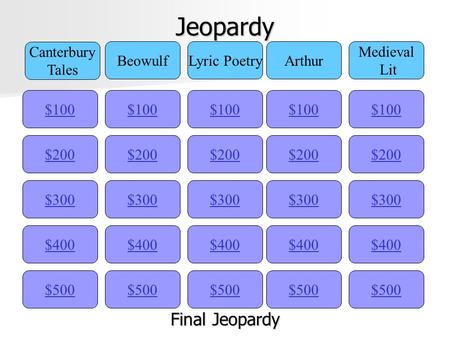 Jeopardy $100 Canterbury Tales BeowulfLyric PoetryArthur Medieval Lit $200 $300 $400 $500 $400 $300 $200 $100 $500 $400 $300 $200 $100 $500 $400 $300.