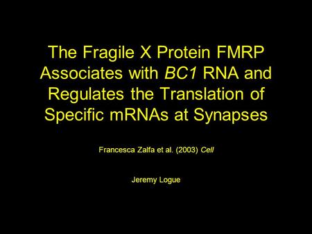 The Fragile X Protein FMRP Associates with BC1 RNA and Regulates the Translation of Specific mRNAs at Synapses Francesca Zalfa et al. (2003) Cell Jeremy.