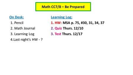 On Desk: 1. Pencil 2. Math Journal 3. Learning Log 4.Last night’s HW - ? Learning Log: 1. HW: MSA p. 75, #30, 31, 34, 37 2. Quiz Thurs. 12/10 3. Test Thurs.