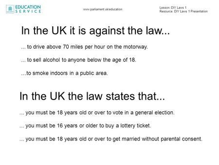 Lesson: DIY Laws 1 Resource: DIY Laws 1 Presentation www.parliament.uk/education In the UK it is against the law...... to drive above 70 miles per hour.