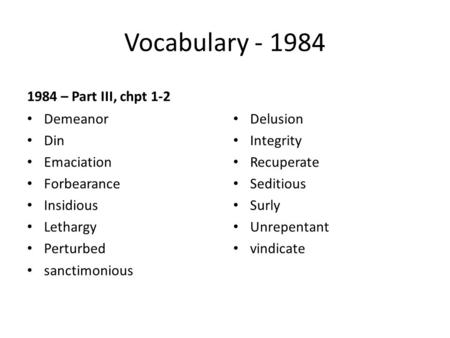 Vocabulary - 1984 1984 – Part III, chpt 1-2 Demeanor Din Emaciation Forbearance Insidious Lethargy Perturbed sanctimonious Delusion Integrity Recuperate.