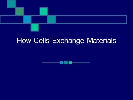 How Cells Exchange Materials. Diffusion The random movement of atoms, molecules and small particles from an area of high concentration to an area of low.