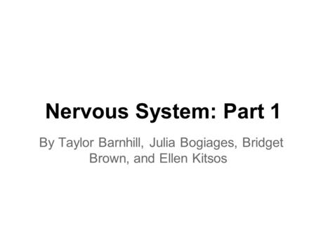 Nervous System: Part 1 By Taylor Barnhill, Julia Bogiages, Bridget Brown, and Ellen Kitsos.