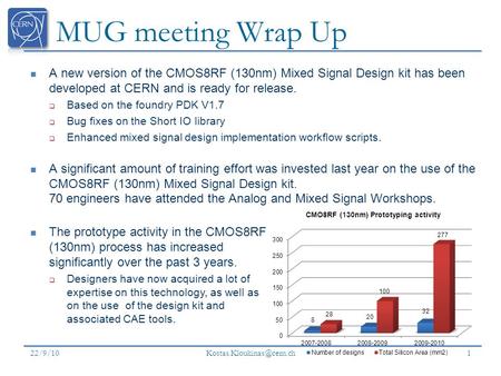 MUG meeting Wrap Up A new version of the CMOS8RF (130nm) Mixed Signal Design kit has been developed at CERN and is ready for release.  Based on the foundry.