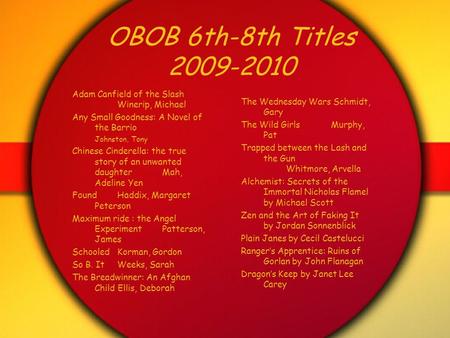 Adam Canfield of the Slash Winerip, Michael Any Small Goodness: A Novel of the Barrio Johnston, Tony Chinese Cinderella: the true story of an unwanted.