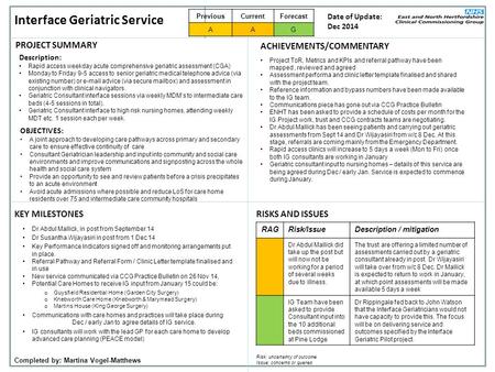 Interface Geriatric Service Description: Rapid access weekday acute comprehensive geriatric assessment (CGA) Monday to Friday 9-5 access to senior geriatric.