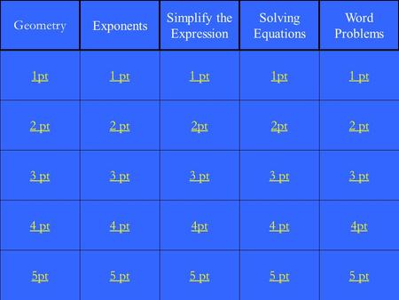 2 pt 3 pt 4 pt 5pt 1 pt 2 pt 3 pt 4 pt 5 pt 1 pt 2pt 3 pt 4pt 5 pt 1pt 2pt 3 pt 4 pt 5 pt 1 pt 2 pt 3 pt 4pt 5 pt 1pt Geometry Exponents Simplify the Expression.