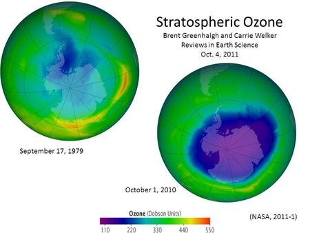 Stratospheric Ozone Brent Greenhalgh and Carrie Welker Reviews in Earth Science Oct. 4, 2011 September 17, 1979 October 1, 2010 (NASA, 2011-1)