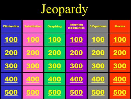 Jeopardy 100 Graphing 500 300 200 400 100 Substitution 500 300 200 400 100 Elimination 500 300 200 400 100 Movies 500 300 200 400 100 3 Equations 500.