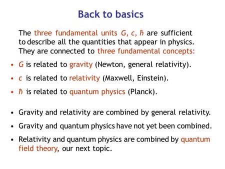 Back to basics The three fundamental units G, c, ћ are sufficient to describe all the quantities that appear in physics. They are.