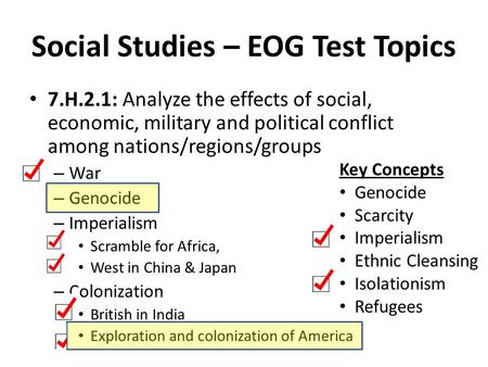 Social Studies – EOG Test Topics 7.H.2.1: Analyze the effects of social, economic, military and political conflict among nations/regions/groups – War –