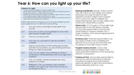 Year 6: How can you light up your life? Science Y6: Light recognise that light appears to travel in straight lines use the idea that light travels in straight.