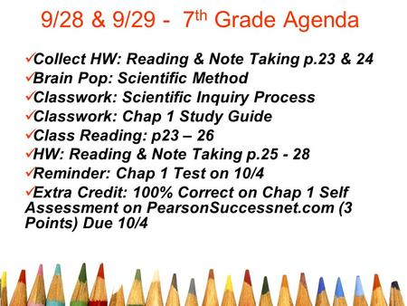 9/28 & 9/29 - 7 th Grade Agenda Collect HW: Reading & Note Taking p.23 & 24 Brain Pop: Scientific Method Classwork: Scientific Inquiry Process Classwork: