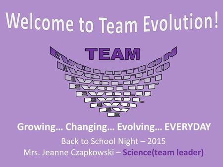 Back to School Night – 2015 Mrs. Jeanne Czapkowski – Science(team leader) Growing… Changing… Evolving… EVERYDAY.