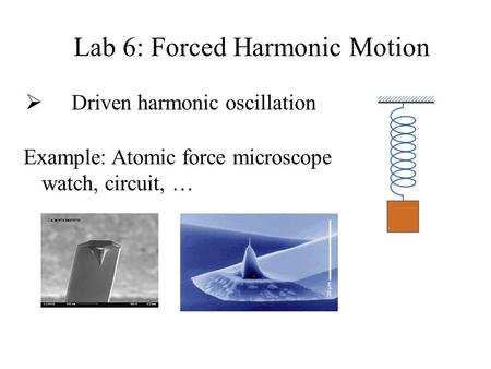 Lab 6: Forced Harmonic Motion  Driven harmonic oscillation Example: Atomic force microscope watch, circuit, …