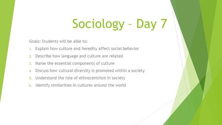 Sociology – Day 7 Goals: Students will be able to: 1. Explain how culture and heredity affect social behavior 2. Describe how language and culture are.