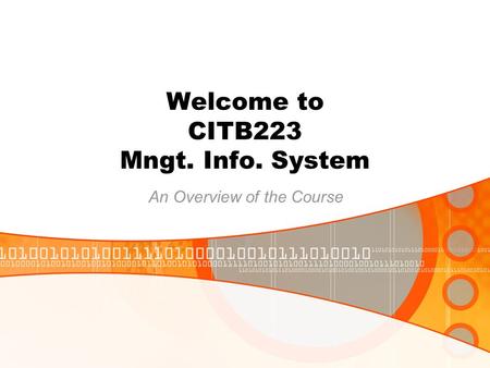 Welcome to CITB223 Mngt. Info. System An Overview of the Course.