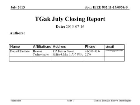 July 2015doc.: IEEE 802.11-15/0954r0 SubmissionDonald Eastlake, Huawei TechnologiesSlide 1 TGak July Closing Report Date: 2015-07-16 Authors: