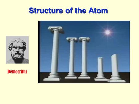 Structure of the Atom Democritus. Structure of the Atom The first person to be credited with the modern theory of the atom was an English school teacher.