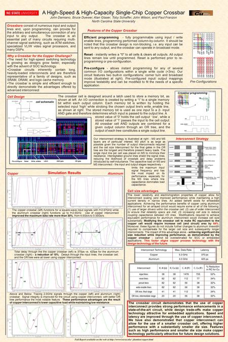 A High-Speed & High-Capacity Single-Chip Copper Crossbar John Damiano, Bruce Duewer, Alan Glaser, Toby Schaffer, John Wilson, and Paul Franzon North Carolina.