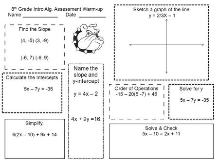 8 th Grade Intro Alg. Assessment Warm-up Name _____________ Date __________ Find the Slope (4, -5) (3, -9) (-6, 7) (-6, 9) Calculate the Intercepts 5x.