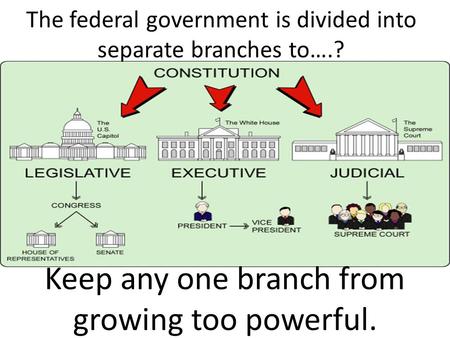 The federal government is divided into separate branches to….? Keep any one branch from growing too powerful.