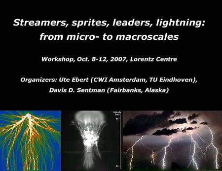 Streamers, sprites, leaders, lightning: from micro- to macroscales Workshop, Oct. 8-12, 2007, Lorentz Centre Organizers: Ute Ebert (CWI Amsterdam, TU Eindhoven),