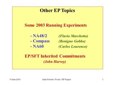 5 June 2003Alan Norton / Focus / EP Topics1 Other EP Topics Some 2003 Running Experiments - NA48/2 (Flavio Marchetto) - Compass (Benigno Gobbo) - NA60.