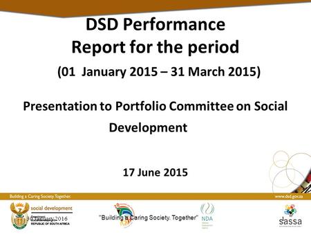 30 January 201611 DSD Performance Report for the period (01 January 2015 – 31 March 2015) Presentation to Portfolio Committee on Social Development 17.