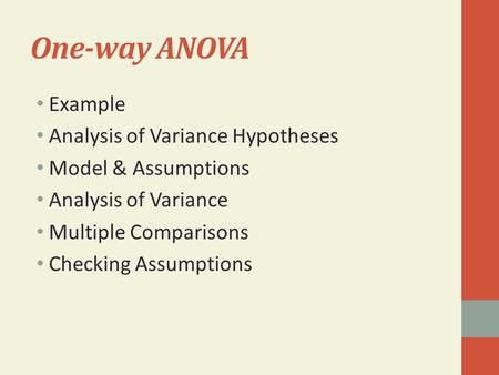 One-way ANOVA Example Analysis of Variance Hypotheses Model & Assumptions Analysis of Variance Multiple Comparisons Checking Assumptions.