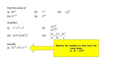 Rewrite the numbers so they have the same bases i.e. 8 2 = (2 3 ) 2.