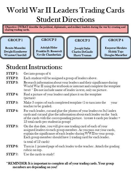 World War II Leaders Trading Cards Student Directions Student Instructions: STEP 1: Get into groups of 4 STEP 2: Each student will be assigned a group.