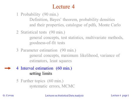 G. Cowan Lectures on Statistical Data Analysis Lecture 4 page 1 Lecture 4 1 Probability (90 min.) Definition, Bayes’ theorem, probability densities and.