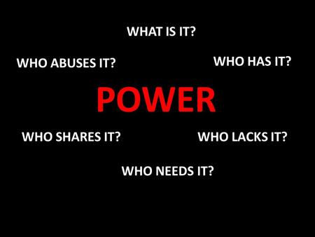 POWER WHAT IS IT? WHO HAS IT? WHO LACKS IT? WHO ABUSES IT? WHO SHARES IT? WHO NEEDS IT?