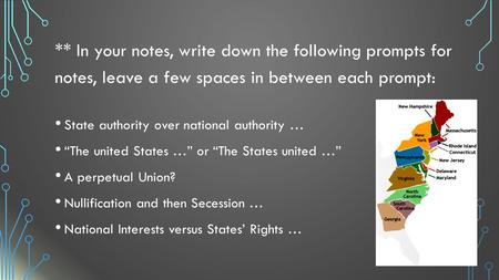 ** In your notes, write down the following prompts for notes, leave a few spaces in between each prompt: State authority over national authority … “The.