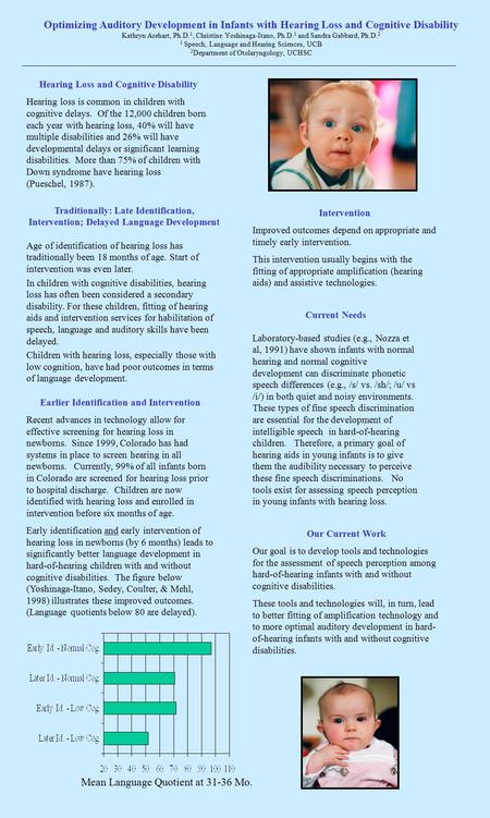 Optimizing Auditory Development in Infants with Hearing Loss and Cognitive Disability Kathryn Arehart, Ph.D. 1, Christine Yoshinaga-Itano, Ph.D. 1 and.