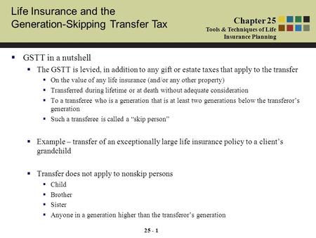 Cash and Cash Equivalents Chapter 1 Tools & Techniques of Investment Planning Life Insurance and the Generation-Skipping Transfer Tax Chapter 25 Tools.