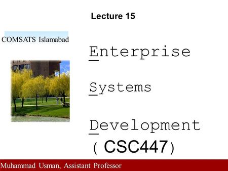 Slide 1 Lecture 15 Enterprise Systems Development ( CSC447 ) COMSATS Islamabad Muhammad Usman, Assistant Professor.