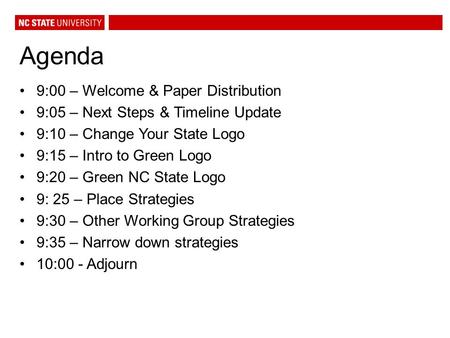 Agenda 9:00 – Welcome & Paper Distribution 9:05 – Next Steps & Timeline Update 9:10 – Change Your State Logo 9:15 – Intro to Green Logo 9:20 – Green NC.